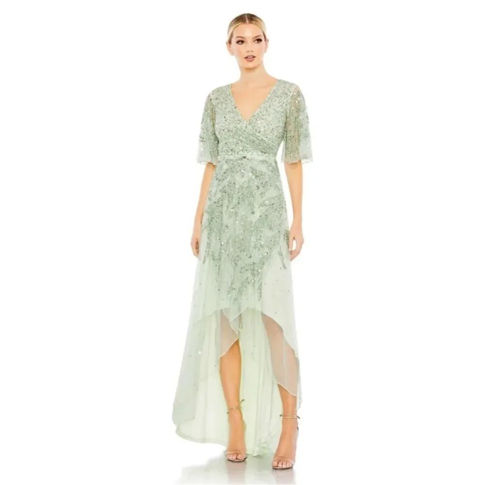 Mac Duggal Sequin Butterfly Sleeve High Low Gown size 22 Sage Green NWT